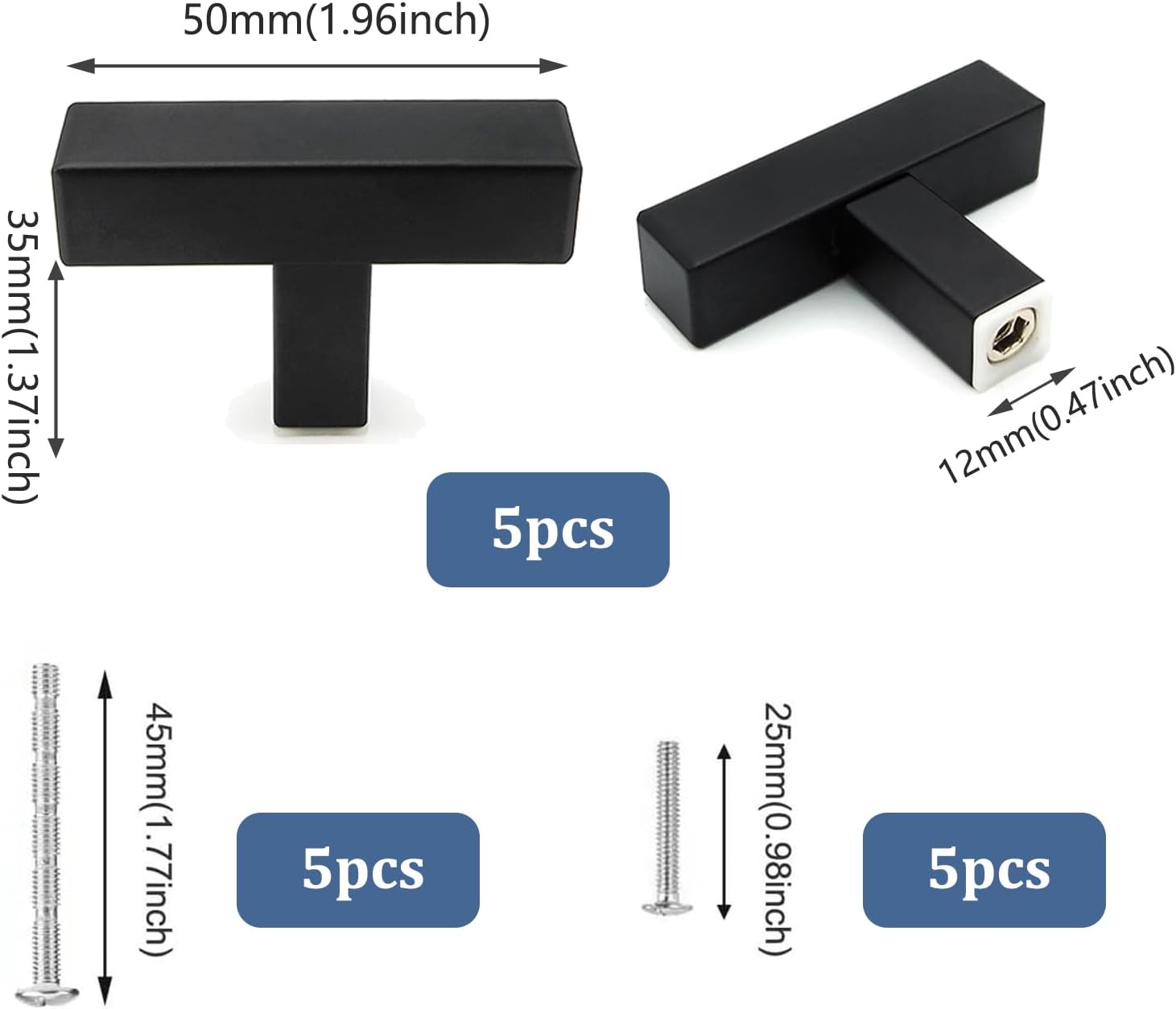 Furniture Knobs, Matt Black Cabinet Knobs, Stainless Steel, Pack of 5 Cabinet Handles, 50 mm Furniture Handles, Modern Kitchen Handles, Black, Knobs for Cupboards, Dressers and Wardrobe