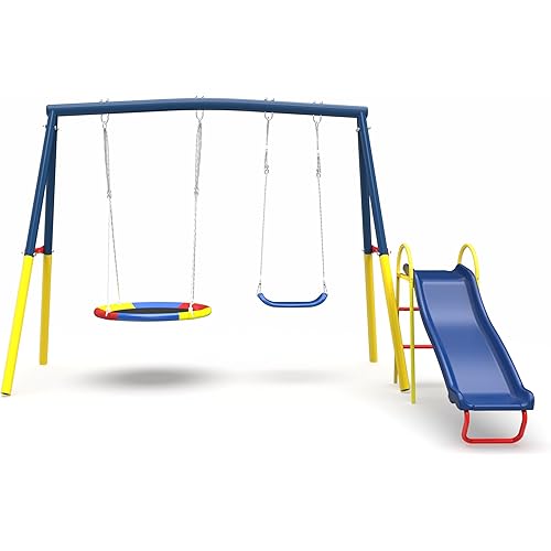 Swing Set for Backyard with Stand, Swing Heavy Duty 440lbs Metal Outdoor Swing Stand, Contain 1 Saucer 32" & 1 Belt seat 26.2" + 53in Blow Molded Slide for Playground - Backyard Playset, Blue
