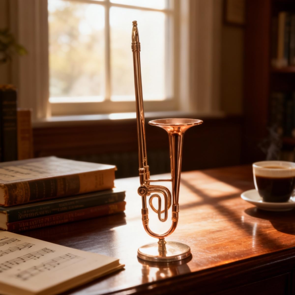 Réplica de trombón en miniatura con soporte y estuche, instrumento chapado en oro, réplica de trombón de saxofón en miniatura chapado en oro de 14 cm.