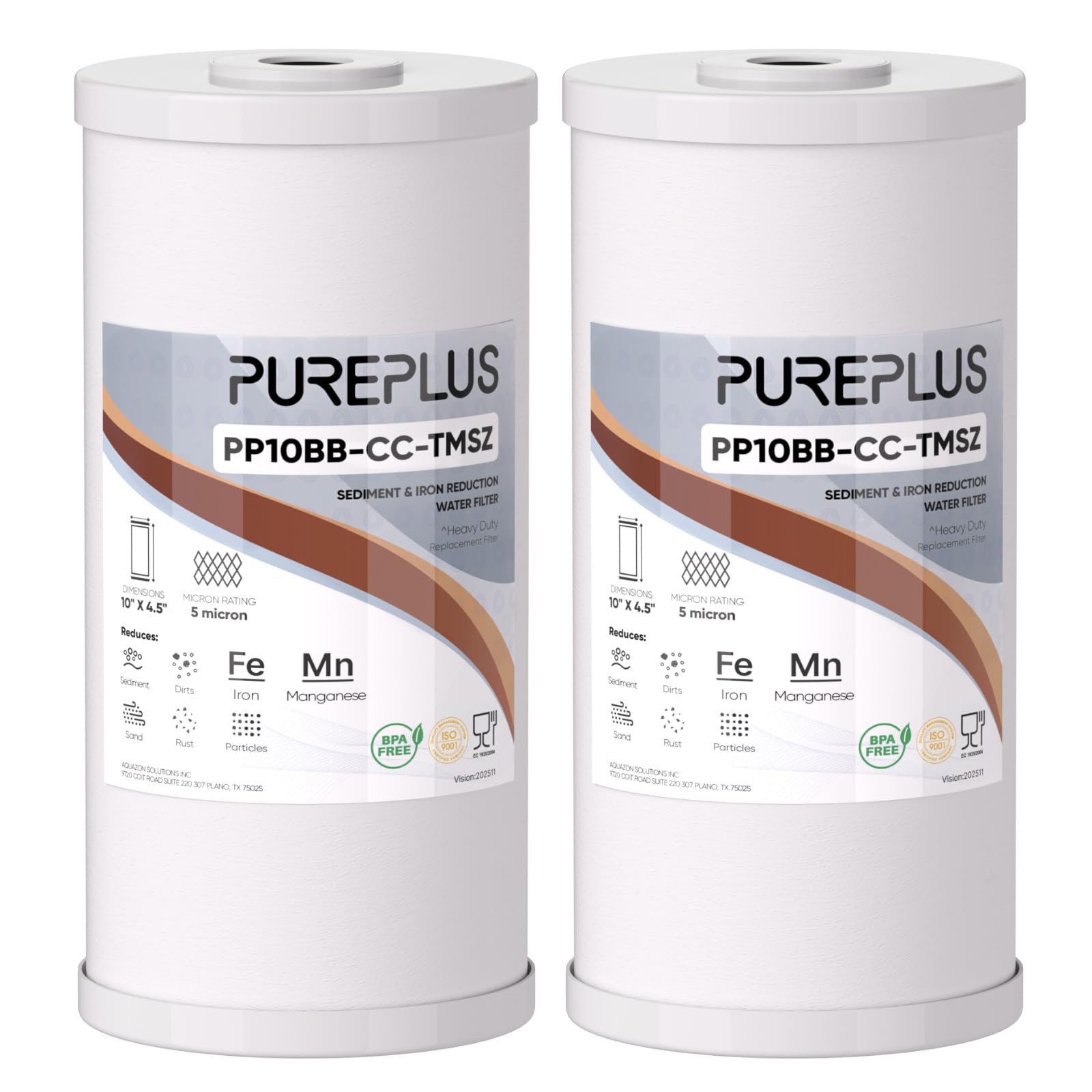 PUREPLUS 10" x 4.5" Whole House Iron Reducing Sediment Water Filter,2PACK