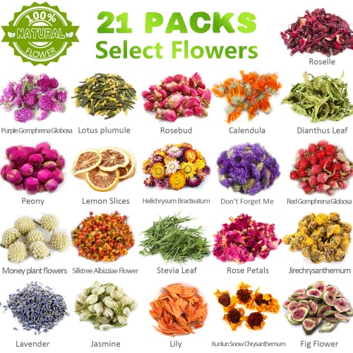 [Latest] 21 Pack Dried Flowers For Candle Making, 100% Natural Dried Herbs Kit For Soap Making, Bath, Resin Jewelry Making, Bulk Dried Flowers Include Lavender, Rose Petals, Rosebuds, Leaves, Lemon. #TOP1
