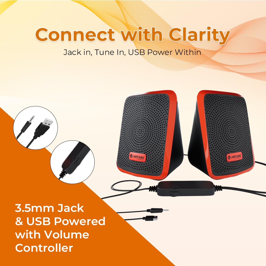 Lapcare Twiny 5W X Computer Speaker| Stereo Sound| Compact  Portable|Distortion Free Sound| in-line Volume Control (red)