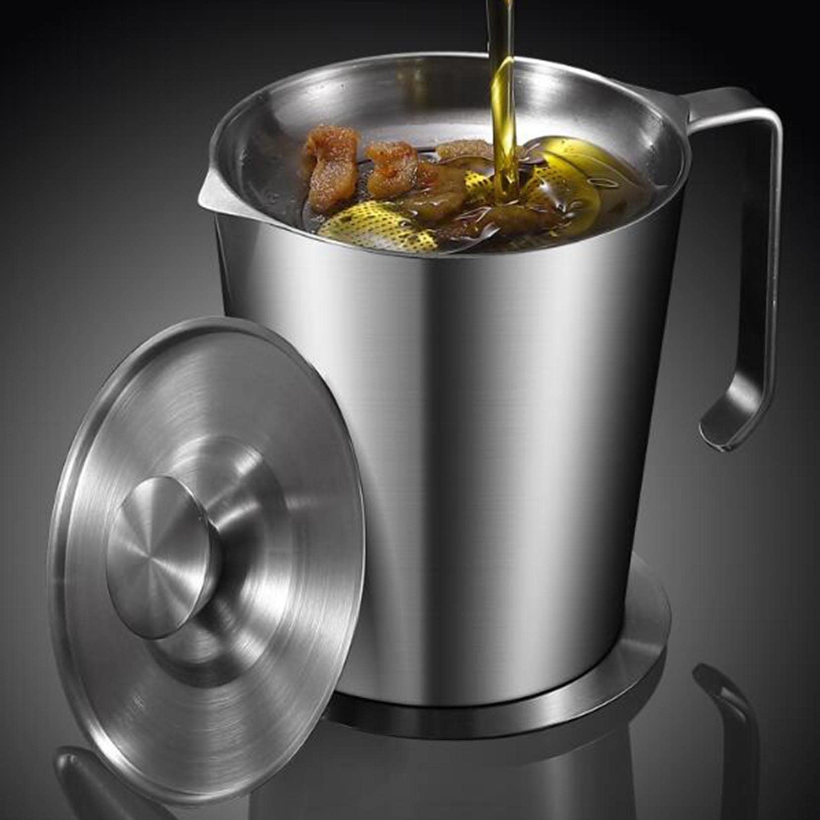 Sitko do żywności z sitkiem, 1,3 l / 1,8 l sitko do oleju ze stali nierdzewnej puszka na tłuszcz ze stali nierdzewnej z pyłoszczelną pokrywką, uchwyt łatwy do trzymania i taca na tłuszcz z