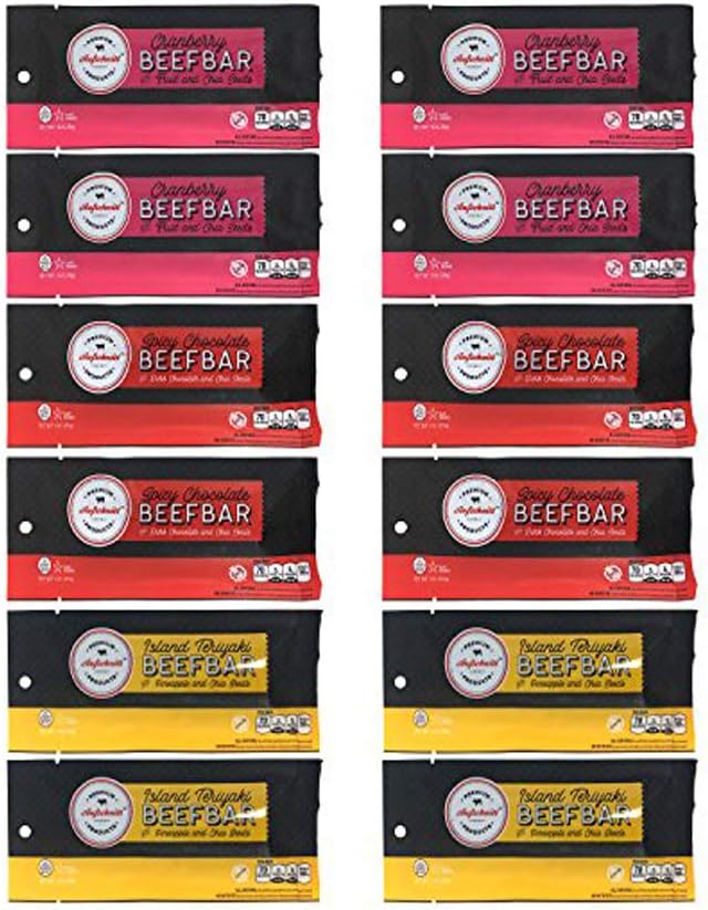Aufschnitt Beef Bars - High Protein Snack with Grass Fed Beef - Kosher, and Keto Friendly - Variety Pack, 12 Count