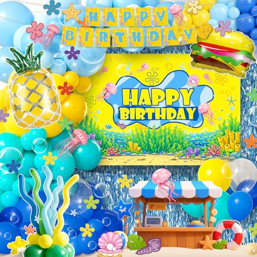 Sponge Birthday Decorations Under the Sea Sponge Party Supplies with Hamburger Balloons Balloon Arch Kit Backdrop Bubble Garland and Foam Flower for Ocean Theme Party Mermaid Baby Shark