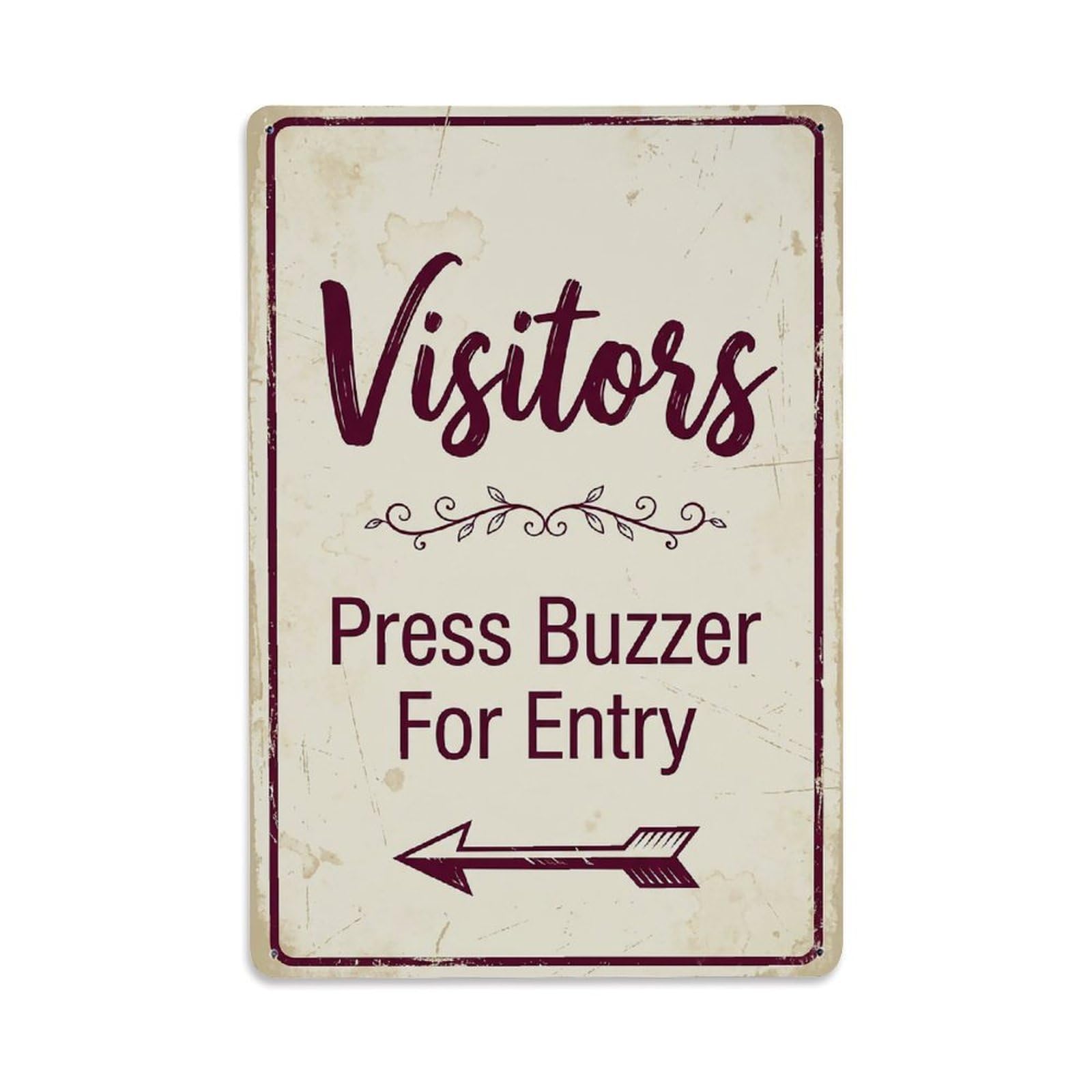 Vintage Visitors Press Buzzer For Entry Arrow Vine Metal Tin Sign