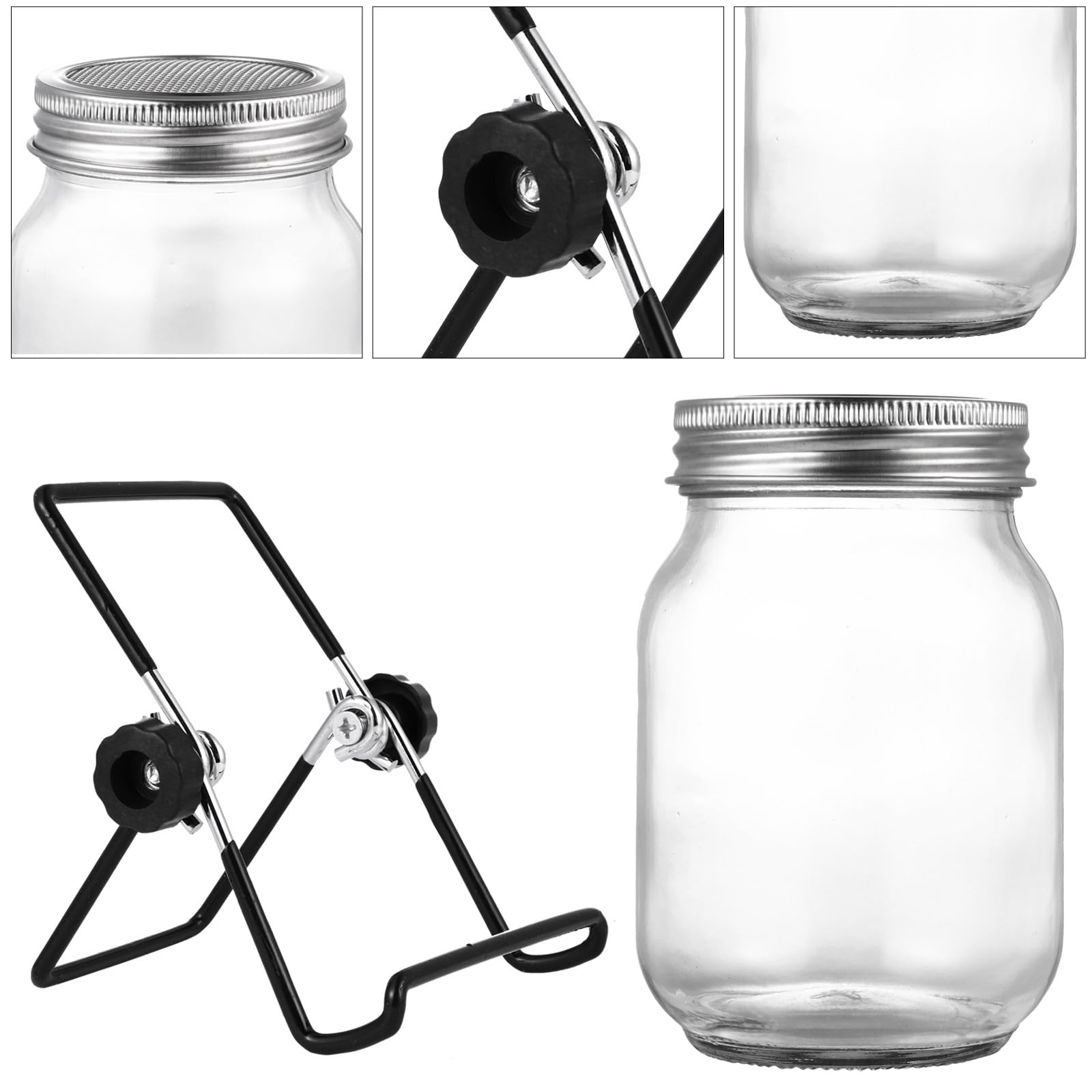 ibasenice Kit de Germination à Bocal Mason 500 ML Couvercle en INOX et Support Noir Incliné – Ensemble pour Germoir de Graines, Culture Maison, Drainage et Aération Efficace