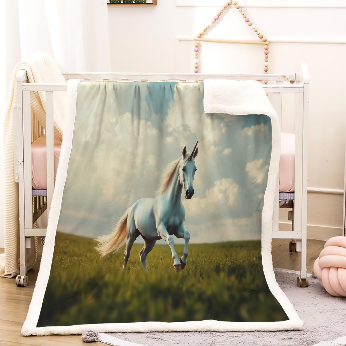 Générique Cheval Blanc Couverture Polaire Epaisse Hiver Adulte 3D Prairie Plaid Canape Chaud Doux en Flanelle Jeté de Canapé pour Couvre lit 2 Personnes pour Fille Garcon 150x200 cm