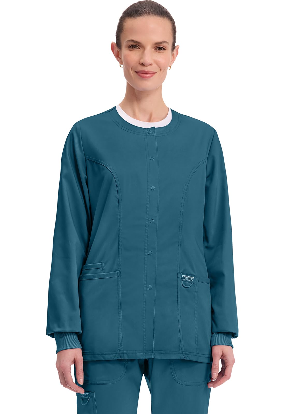 Cherokee Womens Scrub Jacket Nurse Snap Front Medical Uniform with Pockets 2-Way Stretch Easy Care Soft Fabric -