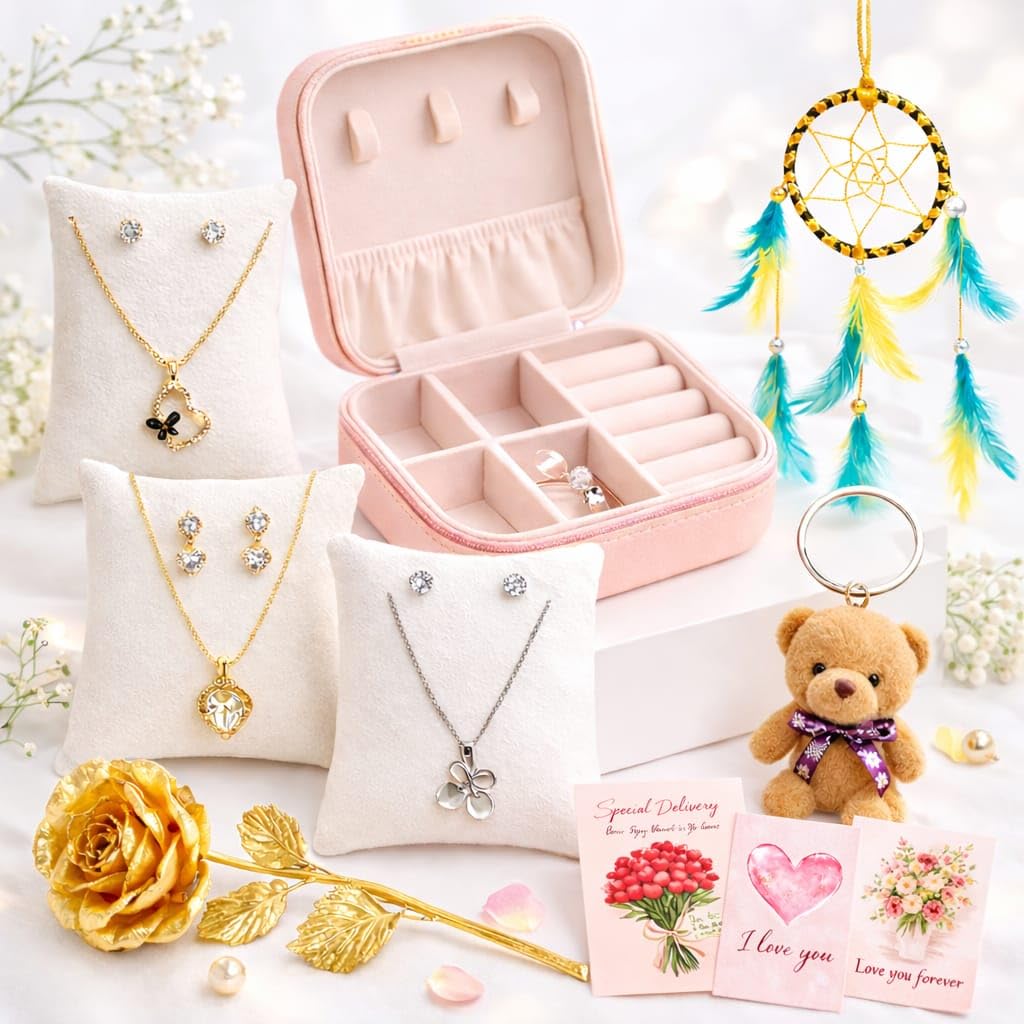 Valentine Combo for Girlfriend | Love Gift For Wife | Suprise Gift |Jewellery Set | Birthday Anniversary | Jewellery Box Chain(2) Ear-ring(12) Ring Golden Rose, Keychain, Message Bottle Love Cards-image-44