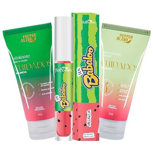 Kit Gloss Brilho Labial Ice Sabor Uva, Cereja, Tutti Frutti e Melancia com Hidratante e Esfoliante Corporal de Melancia (Melancia)