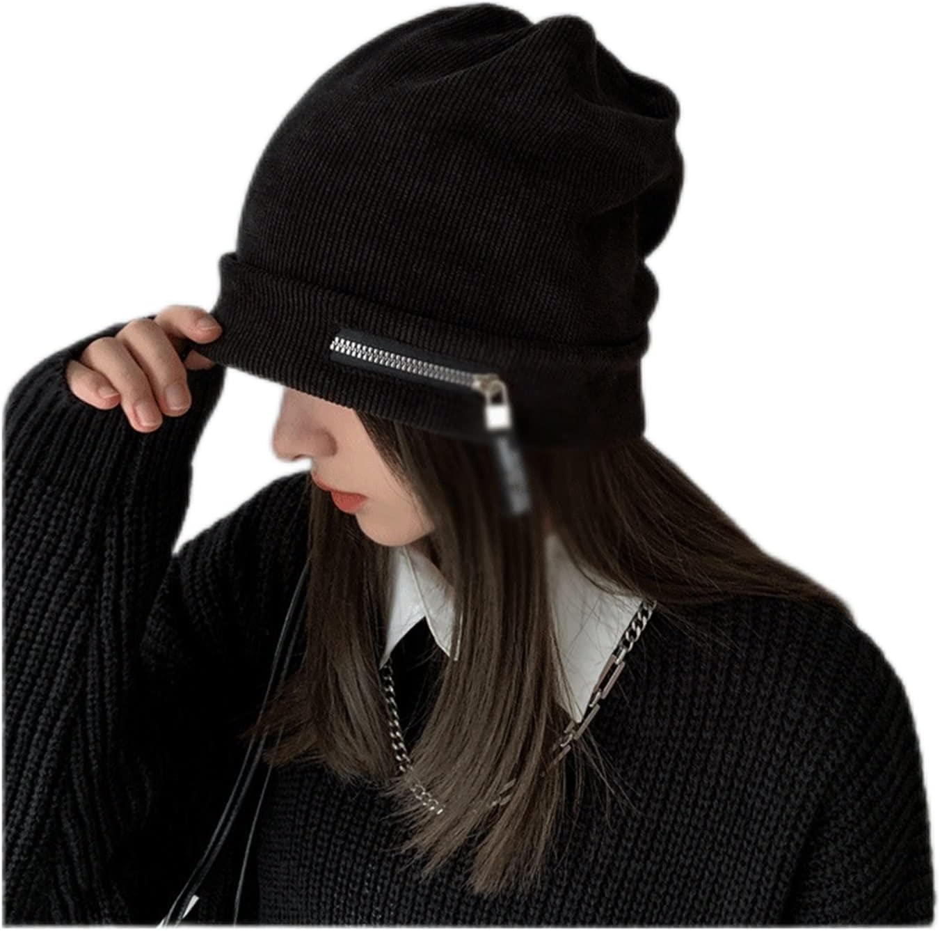 Personality Zipper Beanie Hat Autumn and Winter Outdoor Warm Knitted Women's Hats Loose American Pile Cap