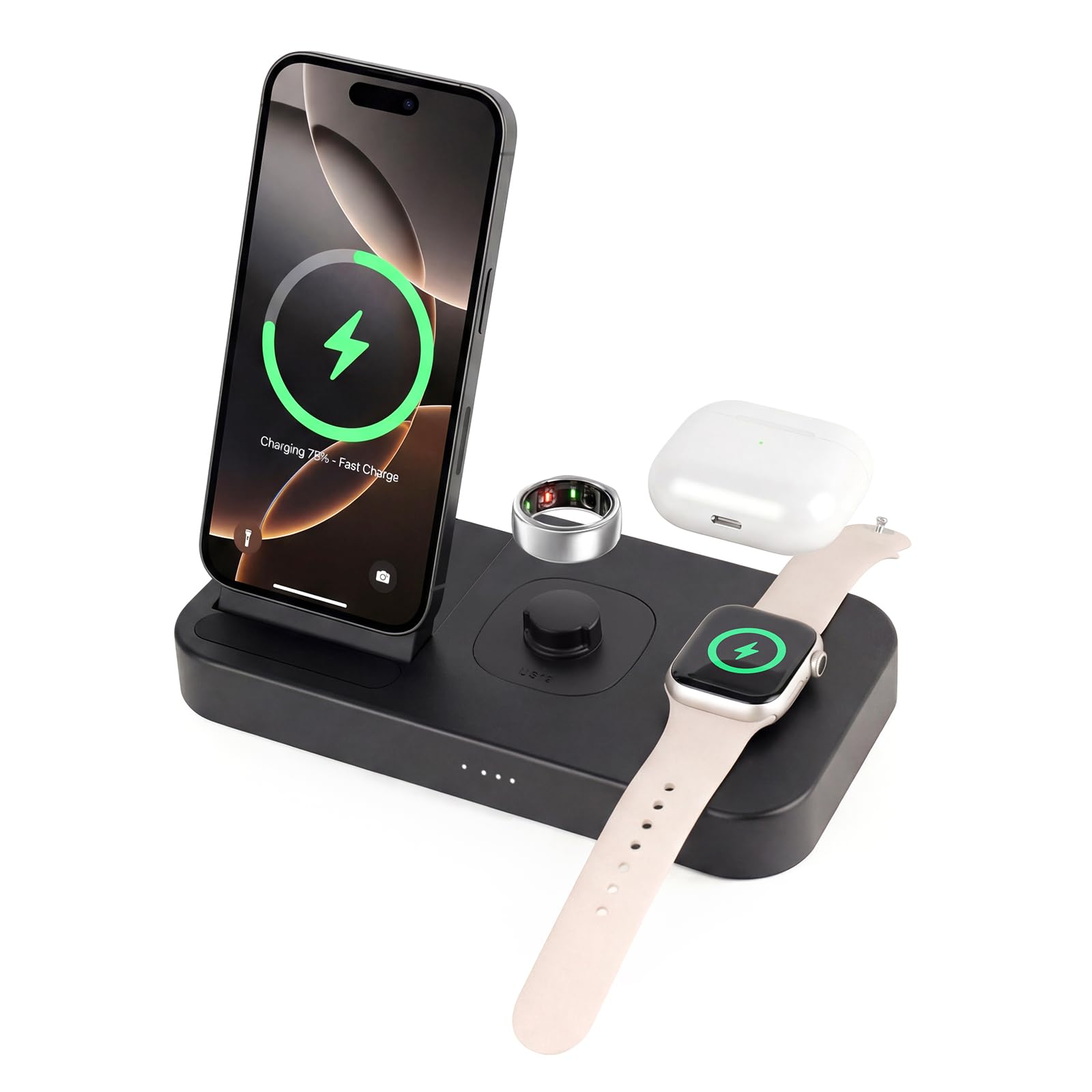 Station de charge rapide 4 en 1 pour chargeur Oura Ring Gen3, chargeur pour iPhone 17/16/15/14/13/12, Apple Watch, AirPods, Samsung Galaxy S25/S24/S23/S22/S21, Galaxy Watch Buds (taille 7)