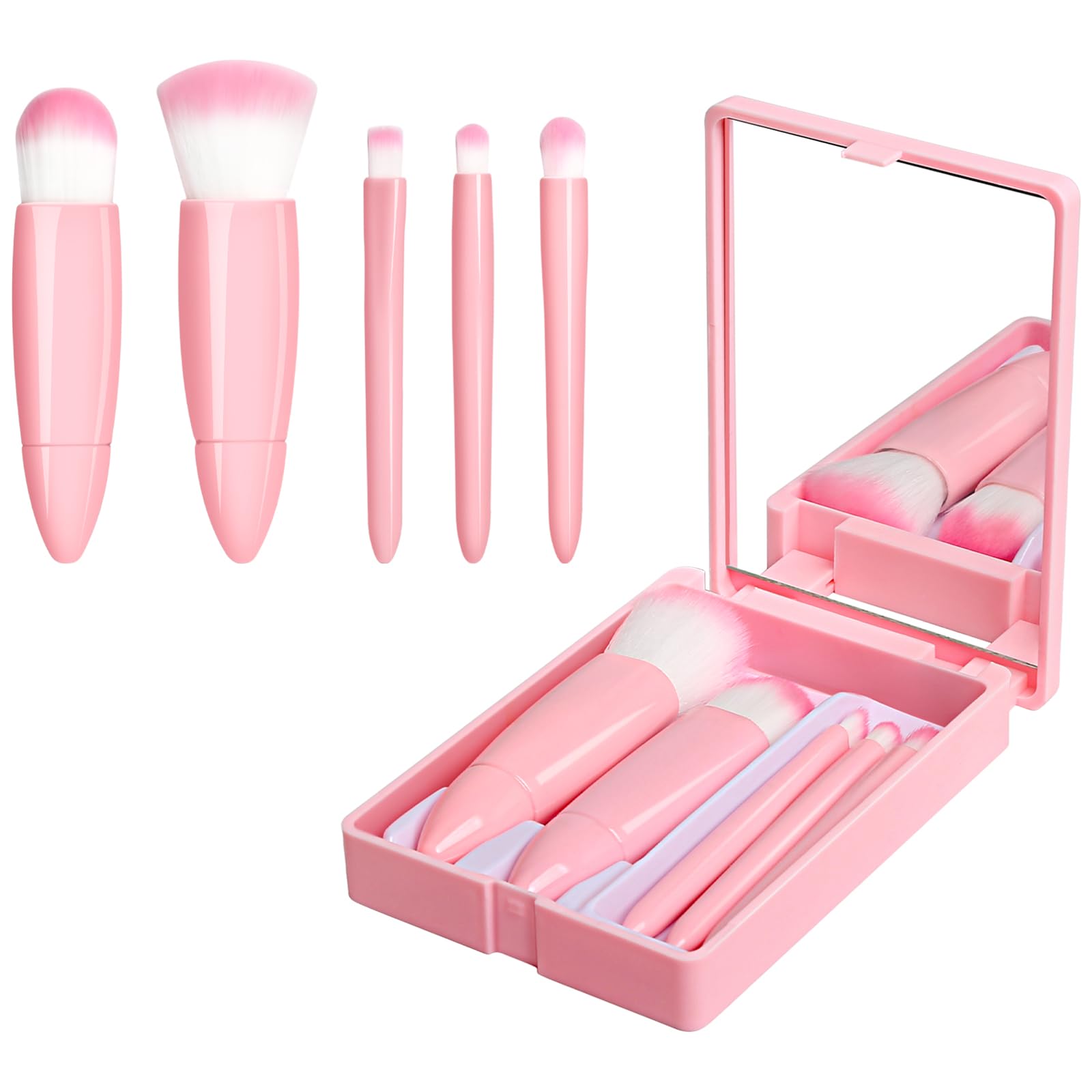 Travel Makeup Brush Set, Portable 5 PCS Mini Makeup Brushes with Mirror, Easy-taken Makeup Tool Set for Eyeshadow Contour