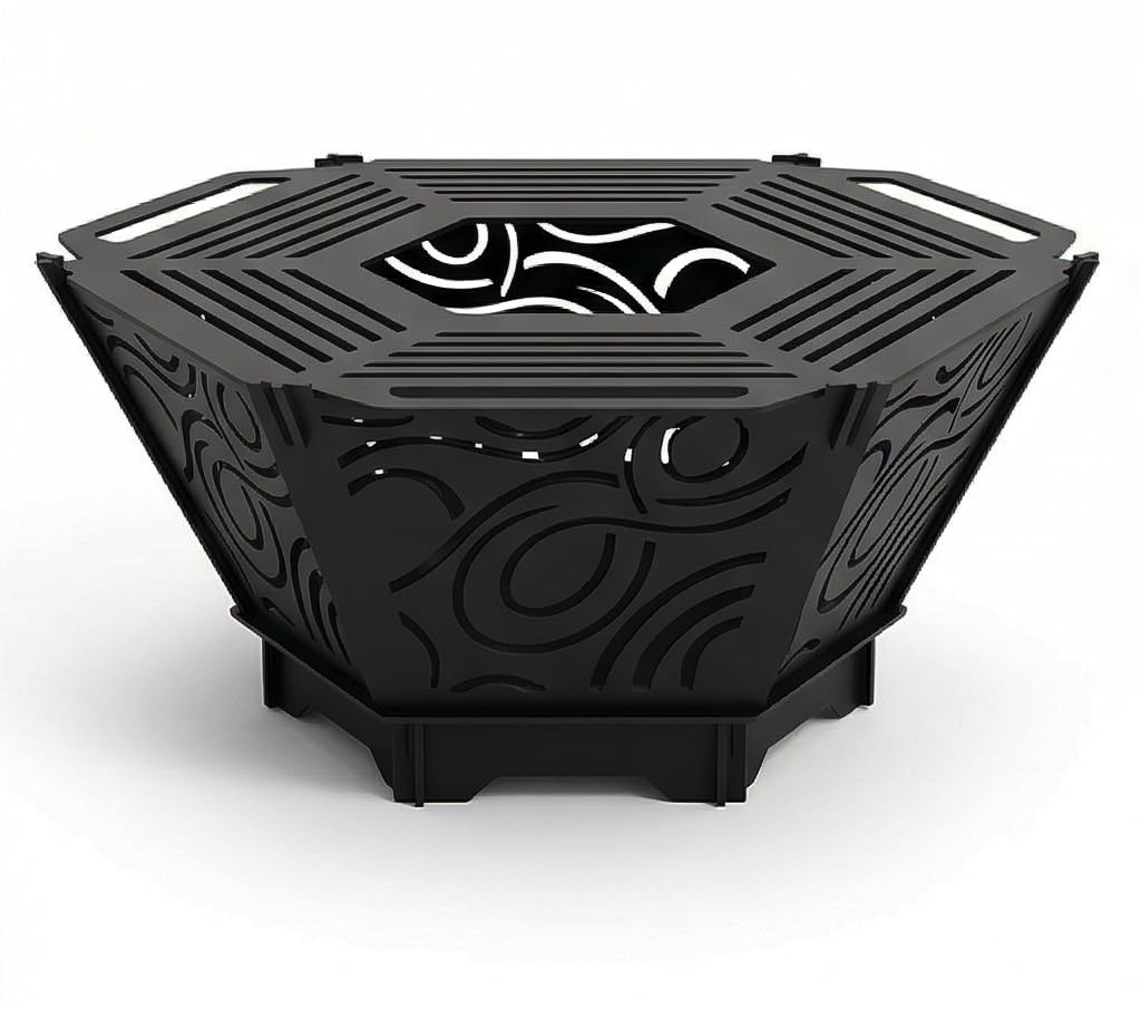 Braciere e Barbecue 2 in 1 Pieghevole Realizzato a Mano – 76 cm, Motivo 4, Acciaio di 3 mm di spessore