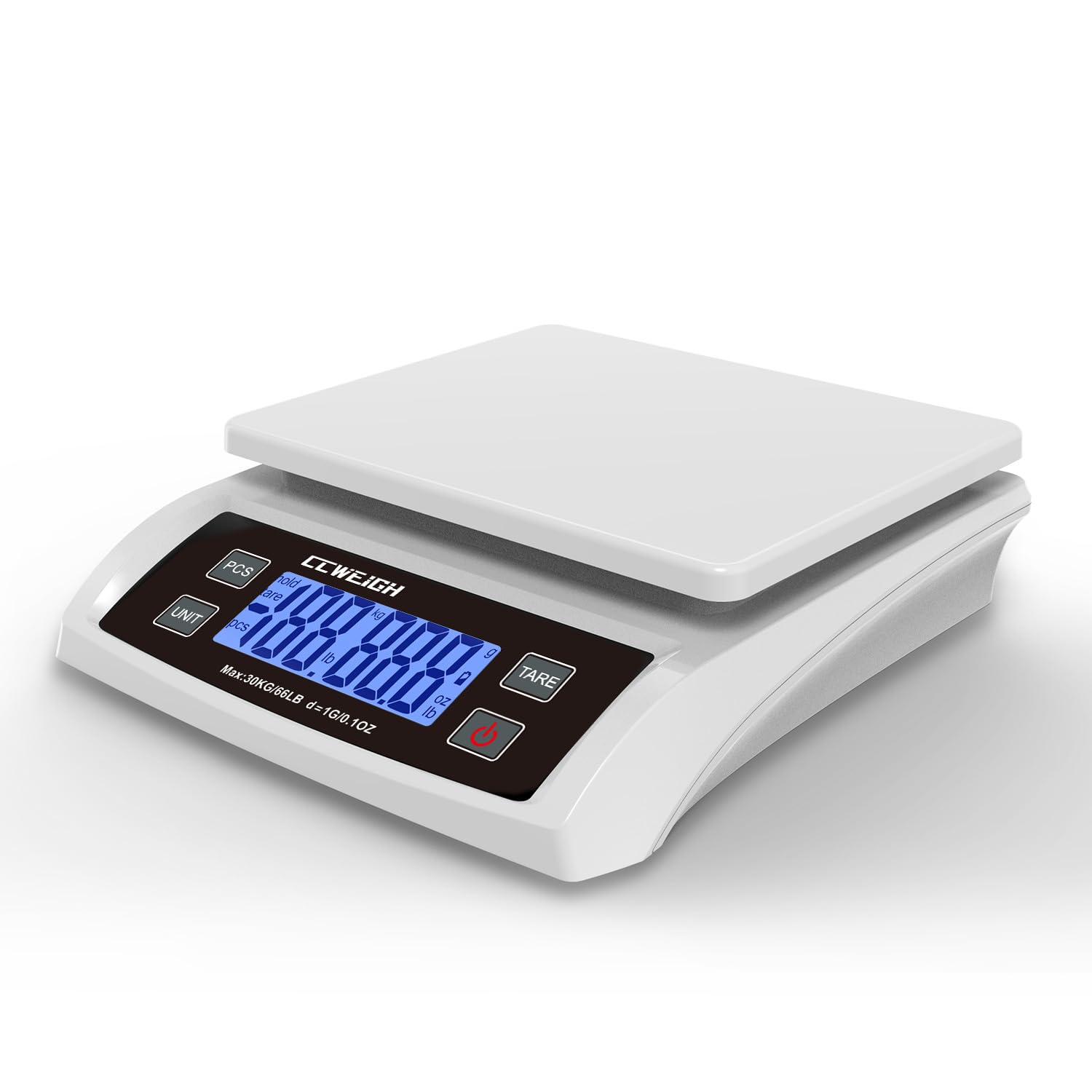 CCWEIGH Digital Postal Scale White, 30kg/0.1oz High Precision Shipping Scale with PCS/Tare Function, Multifunctional Kitchen Scale for Packages, Food, Hardware, Medicine, Easy Unit Conversion