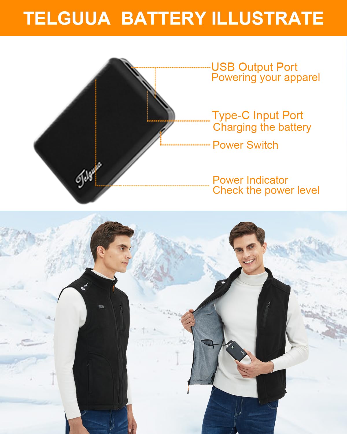 Telguua Fleece Beheizbare Weste Herren mit Powerbank 10000mAh Heizweste