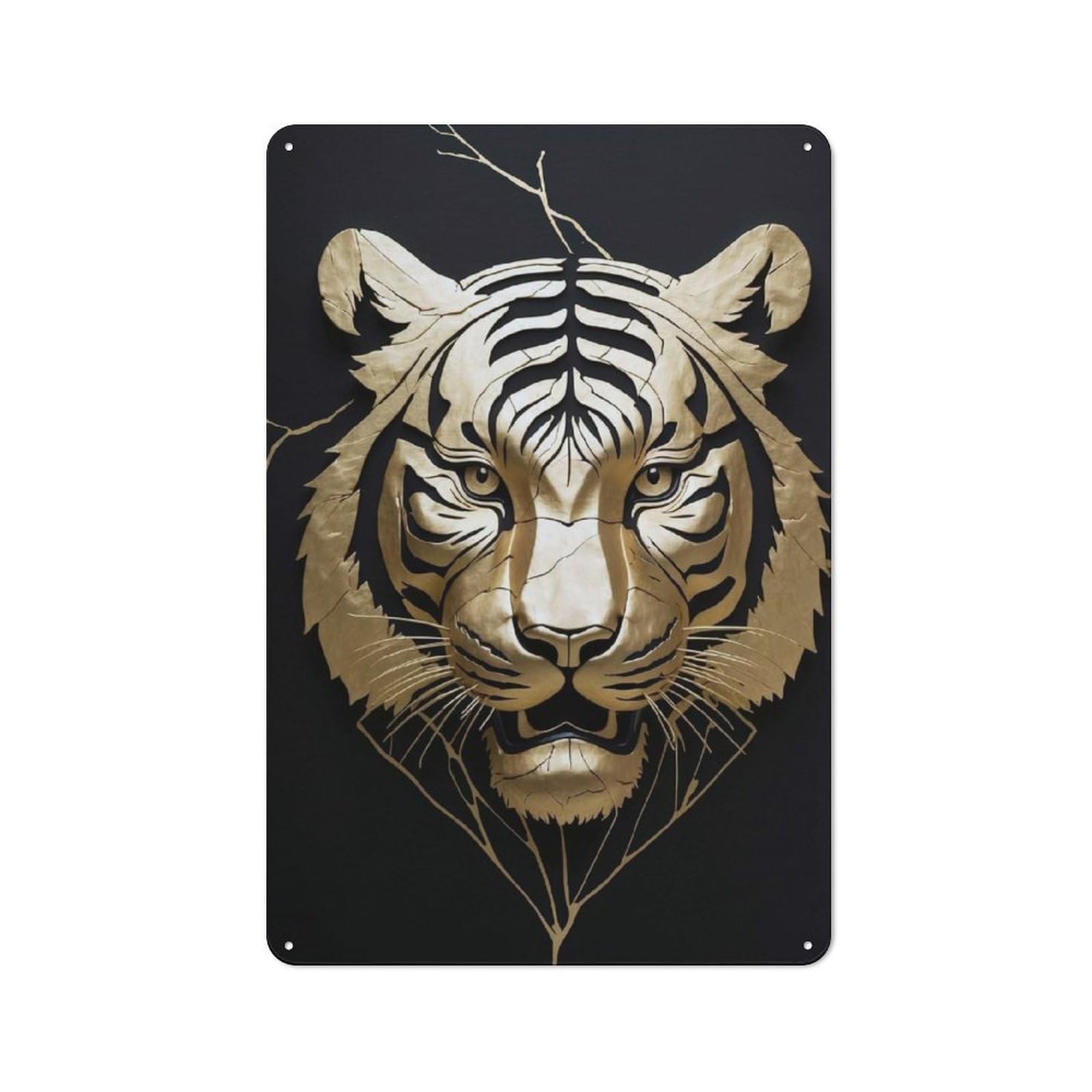 Junmoney Style-9 Metal Plaque 30X20cm With Golden Tiger Head On Black Background For Pub Or Café, Vintage Decor, For Vintage Wall Decor Fans, For Metal Sign Collectors