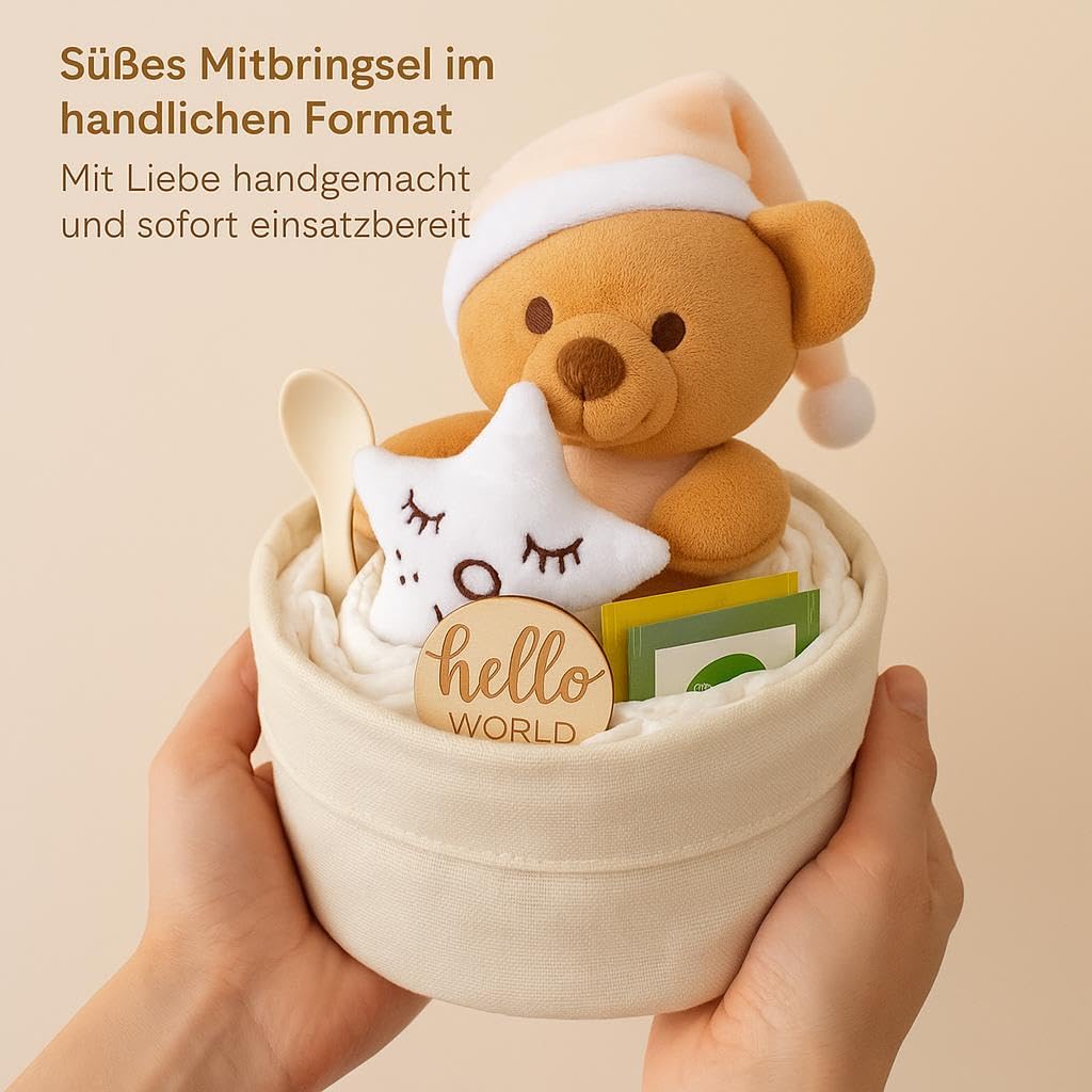 Torta di pannolini per bambine e ragazzi con peluche – Borsa per pannolini boho [fatta a mano] – regalo per la nascita con cucchiaio per bambini, pannolini premium e tè biologico, torta per pannolini