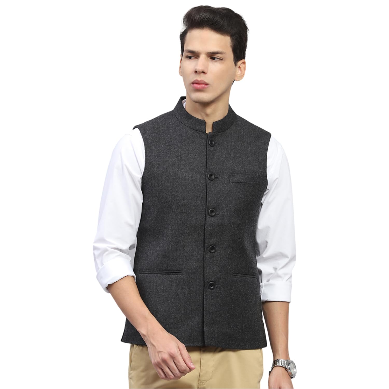 Mens Solid Charcoal Mock Neck Sleeveless Jacket (224066872-1-38)-image-35