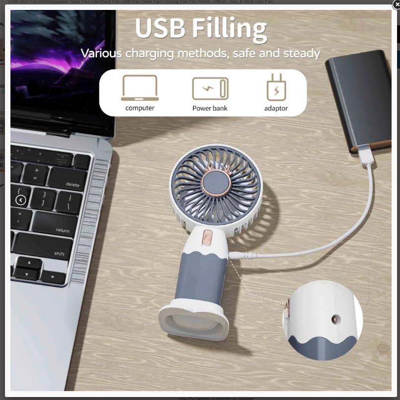Image of MIRADH Mini Handheld Fan (Upto 2 Hours Running) Rechargeable Battery Operated Portable Fan, Desk Fan, Carry It Anywhere (GREY)