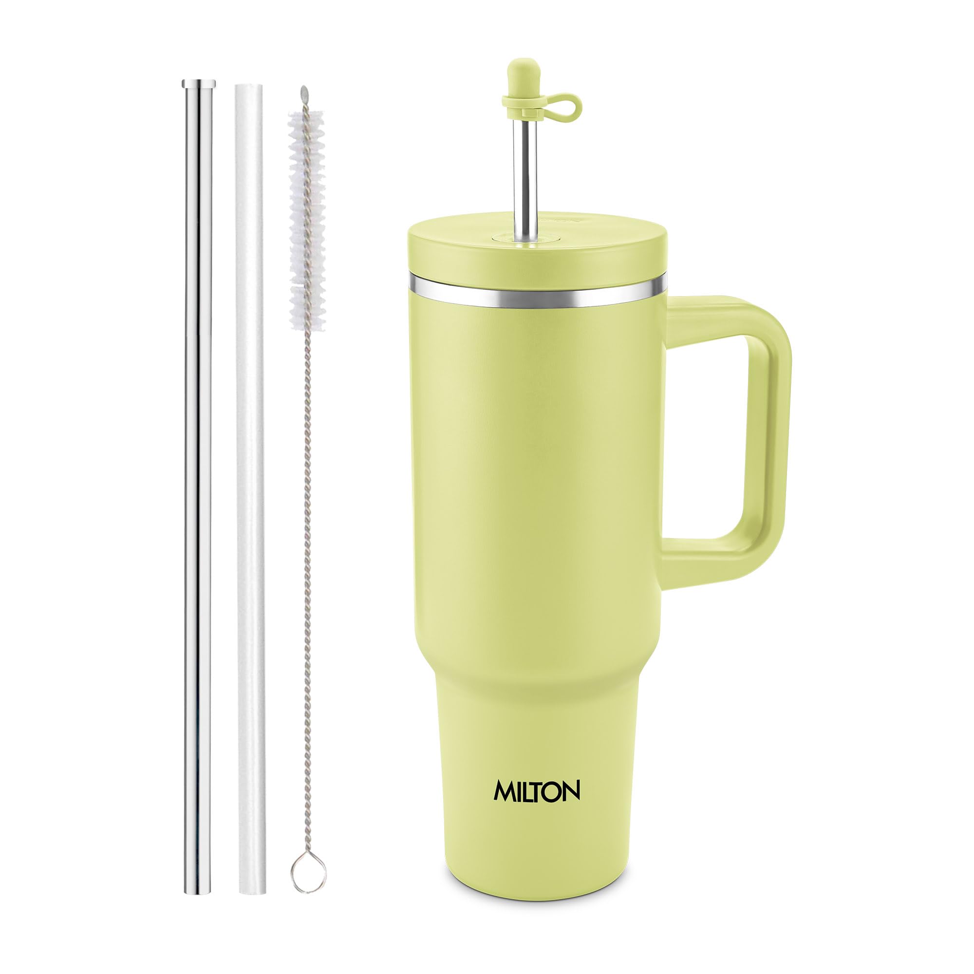 Milton My Tumbler 1200 Thermosteel Double Wall Vacuum Insulated Stainless Steel Tumbler with Handle 1100ml,Leak Proof Travel Mug, Straw,Silicon Cap Cleaning Brush, Hot & Cold Beverage Flask,Moss Green