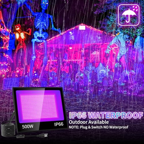 Image of 500W Black Light IP66 with 10ft Cable, Powerful for Halloween Large Space | 2 Pack LED Blacklight Flood Light Outdoor with Switch, Glow in the Dark Party Supplies for Gym Classroom Dance Party Decor