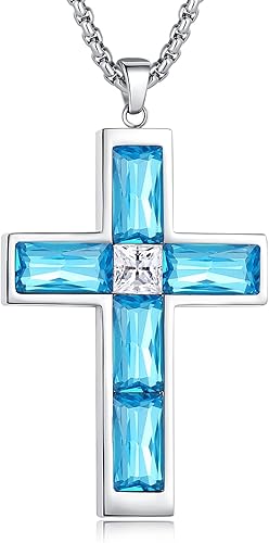 BAMIKI Cross Pendant Necklace for Men, Created Aquamarine Necklace, Mens Necklace with Blue Crystal Zirconia Cross Necklace for Men, Birthstone Gift BAMIKI Cross Pendant Necklace for Men, Created Aquamarine Necklace, Mens Necklace with Blue Crystal Zirconia Cross Necklace for Men, Birthstone Gift