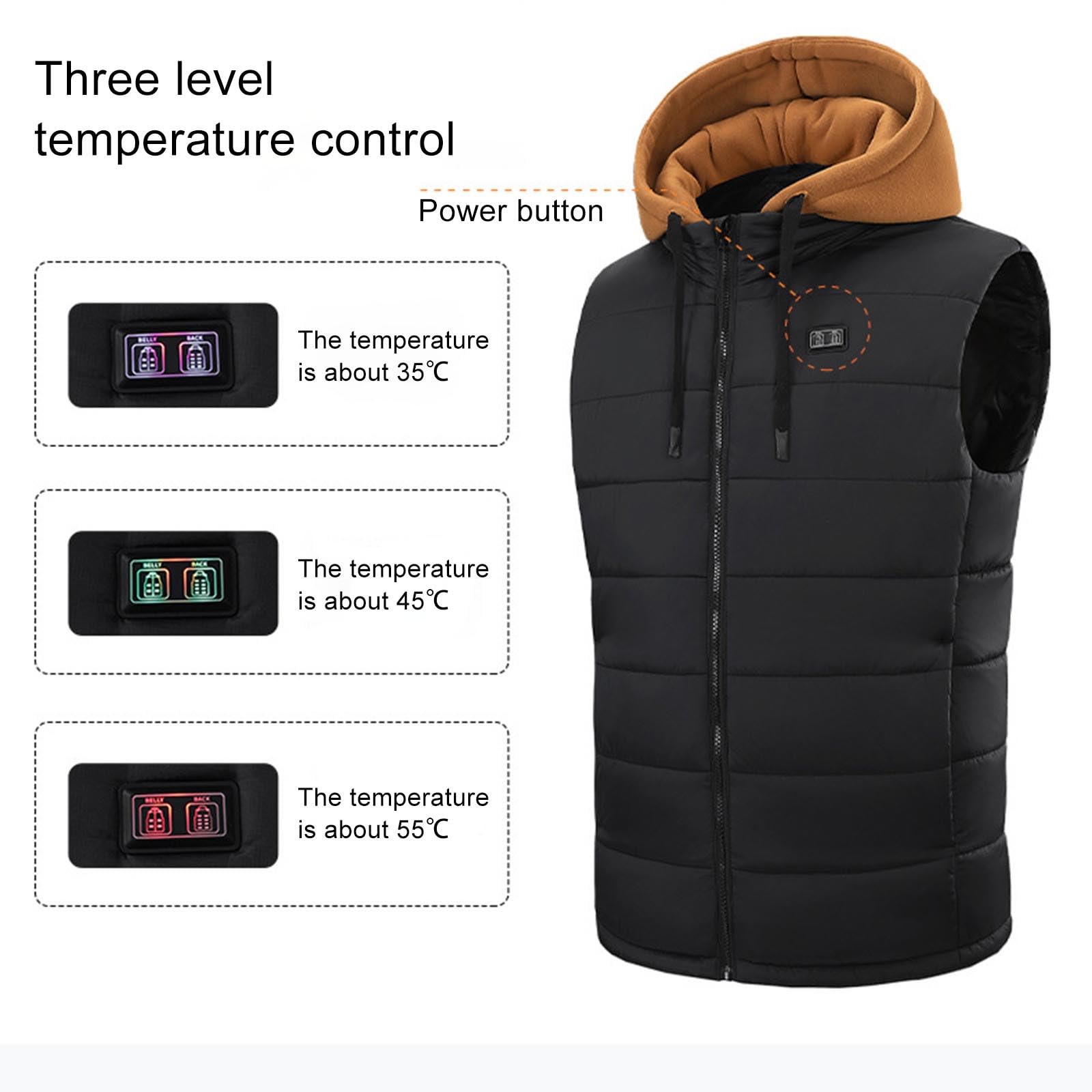 Herren Beheizbare Weste mit Kapuze Heizweste mit 15 Heizzonen USB Elektrische Beheizte Westen Einstellbare Beheizbar Steppweste Winter Heizjacke Ärmellos Jacke mit Heizung Daunenweste Kapuzenjacke