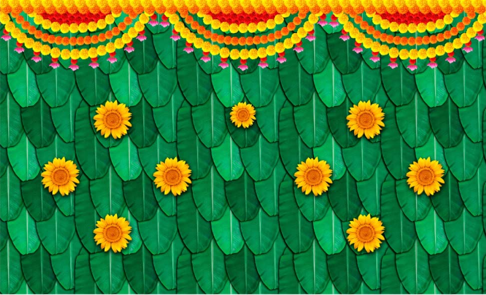 Image of Banana Leaf Design Backdrop Decoration Pooja Cloth (5 * 8 FT) (Banana 8)