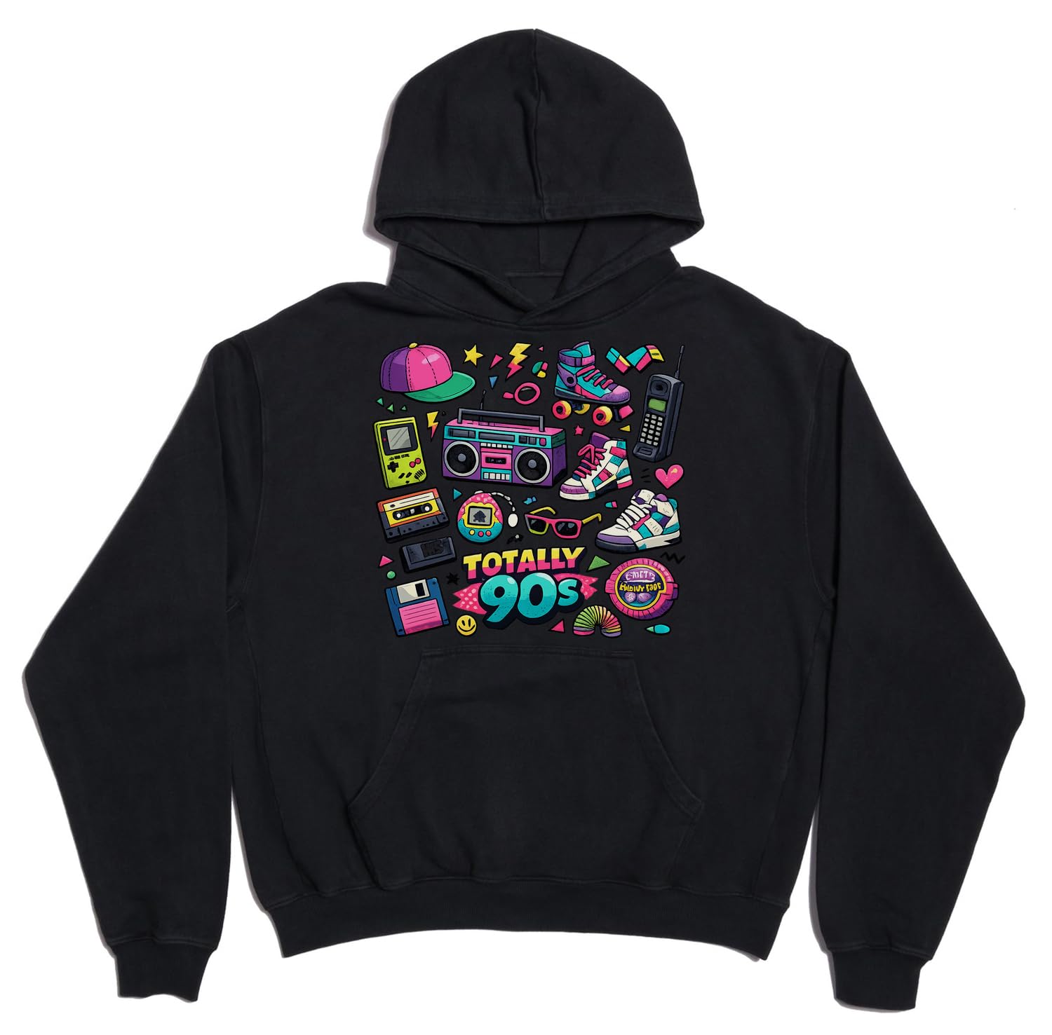Kolorowa, nostalgiczna bluza z kapturem z mieszanki bawełny z lat 90., unisex, oversize, czarna