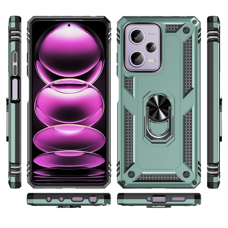 Image of ShieldTech Back Cover for Redmi Note 12 Pro 5G | Rugged Armor Case with Ring Stand | 360 Protection | Shockproof | Camera & Screen Guard (PC, Green)
