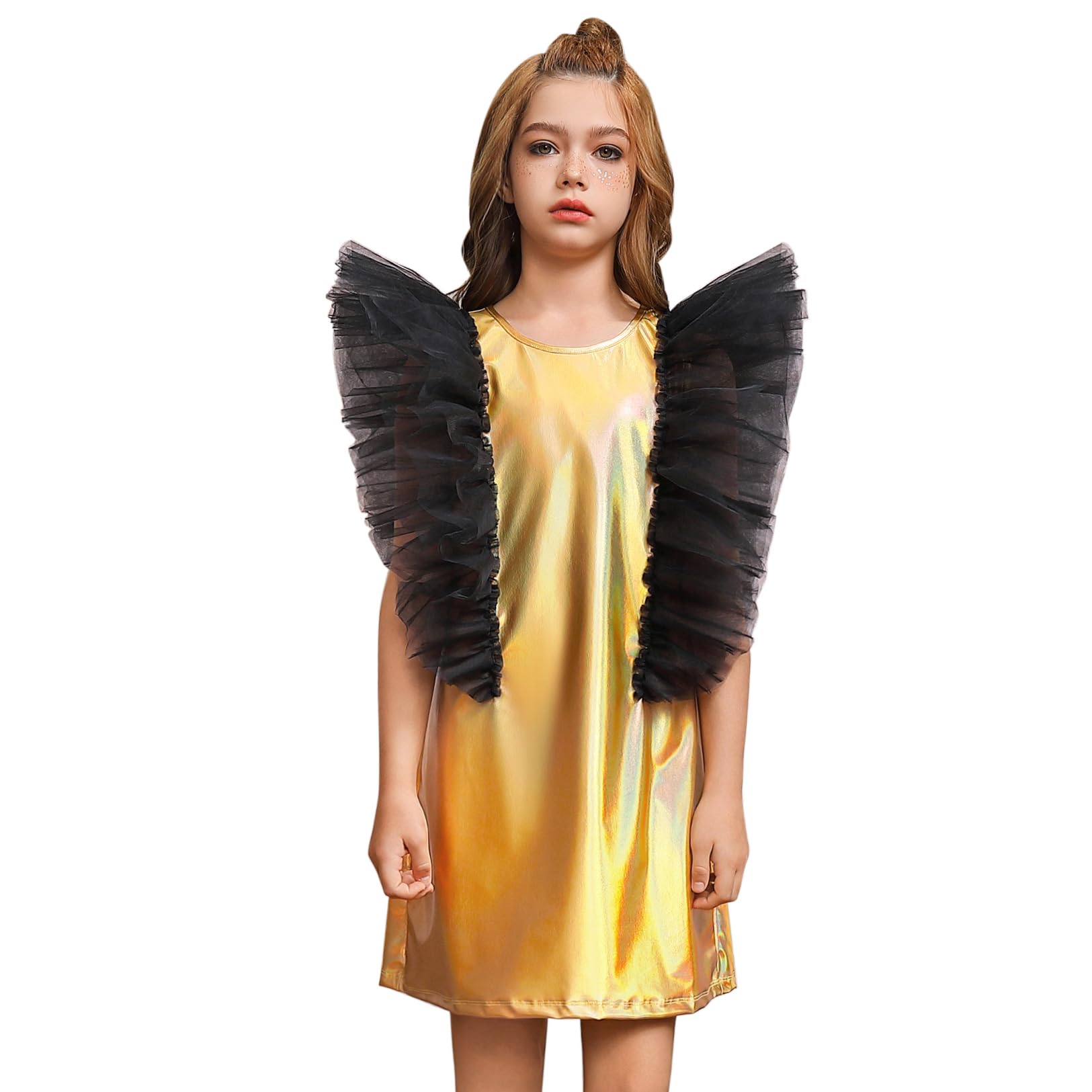 Girls Metallic Dresses, Sparkly Shiny A Line Tulle Princess Dress, Mesh Tutu Sleeve Party Holiday Outfits for Kids