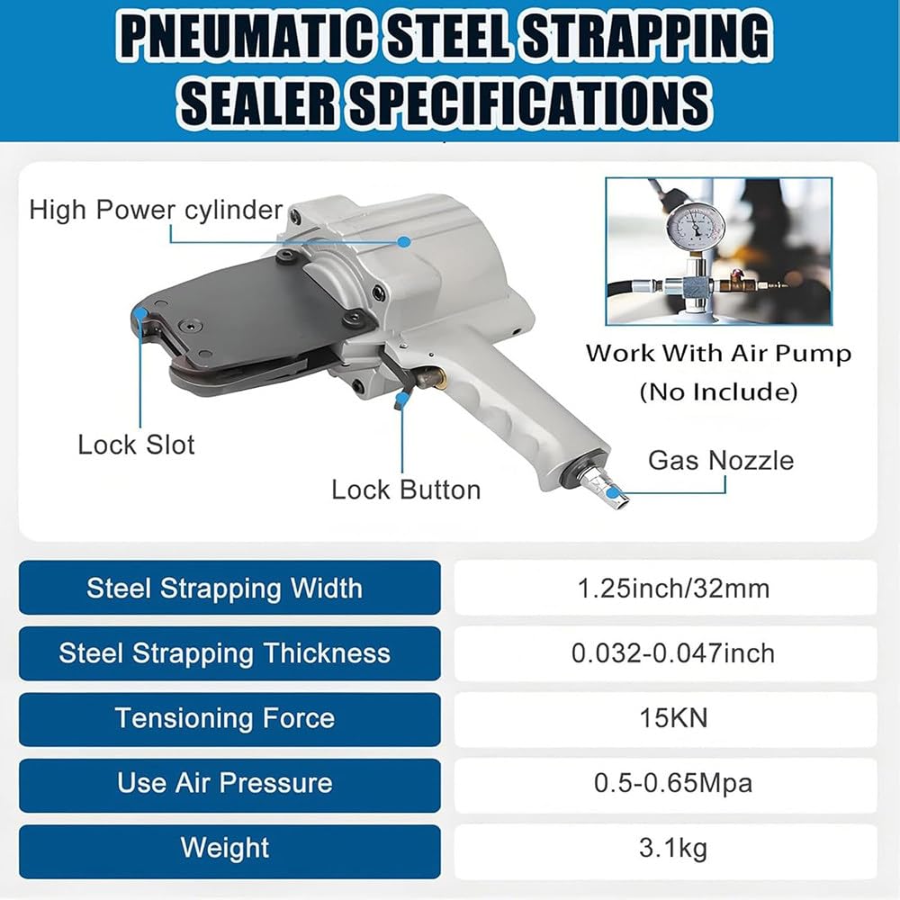 Portable Pneumatic Steel Packaging Machine - Metal Strapping Tensioner and Cutter Sealer Pneumatic Strapping Tool Set for 19/25/32 Mm(0.75in/1in/1.25in) Width Metal Belt cabletiewidth32mm