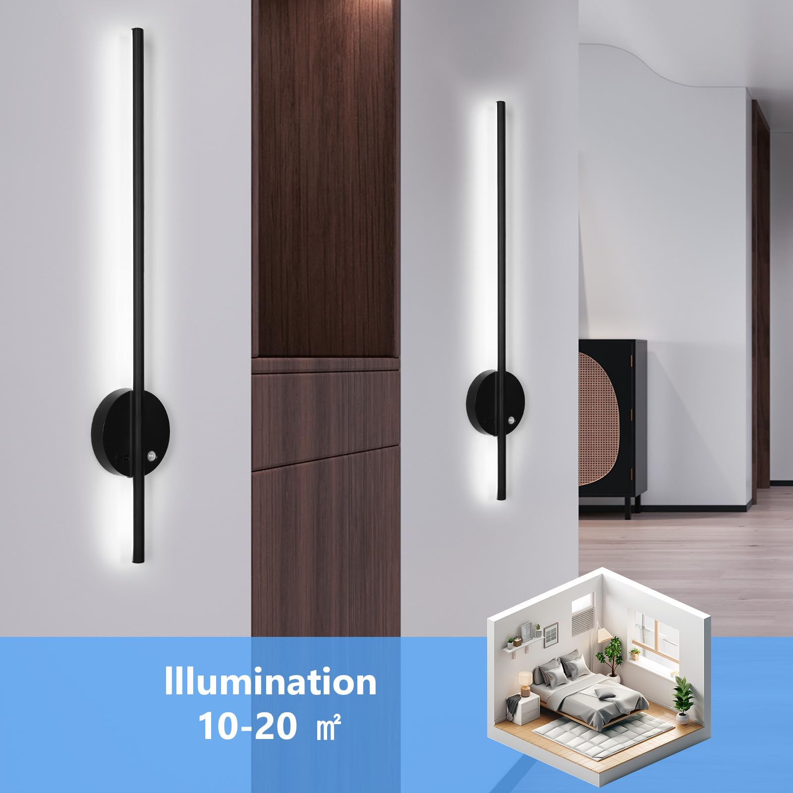 Applique da Parete Interno, Lampada da Parete Senza Fili Ricaricabile, Lampada da Parete con Sensore di Movimento Telecomando, Applique Dimmable 3 Temp Color con Batteria per Soggiorno, Scale, 60CM