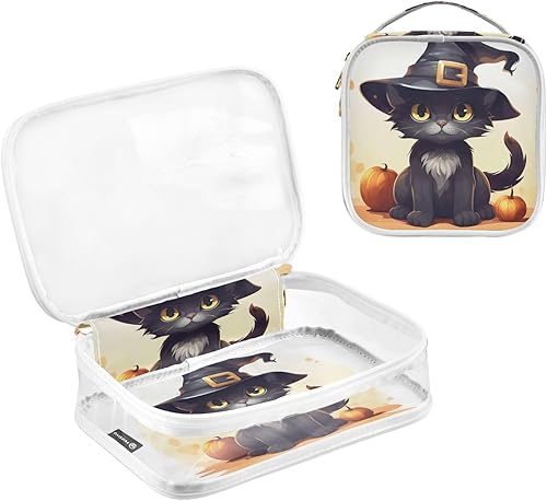 Miniatura 3 de Bolsa de aseo transparente con diseño de gato negro de bruja de Halloween para viajar, paquete de 2 bolsas de cosméticos de maquillaje con