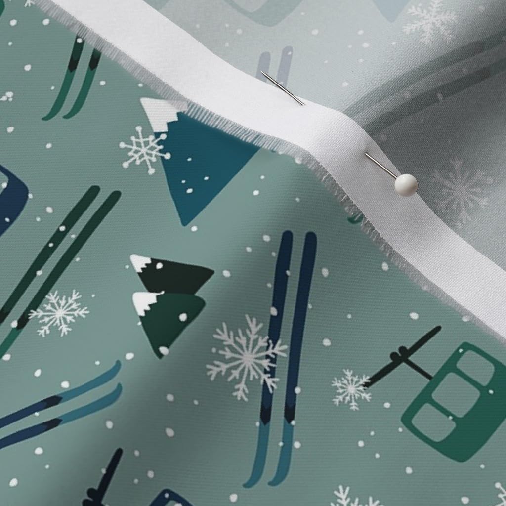 Spoonflower Fabric - Winter Mountains Ski Snowflake Blue Green Handdrawn Printed on Organic Cotton Sateen Fabric by The Yard - Sewing Quilting Apparel Home Decor