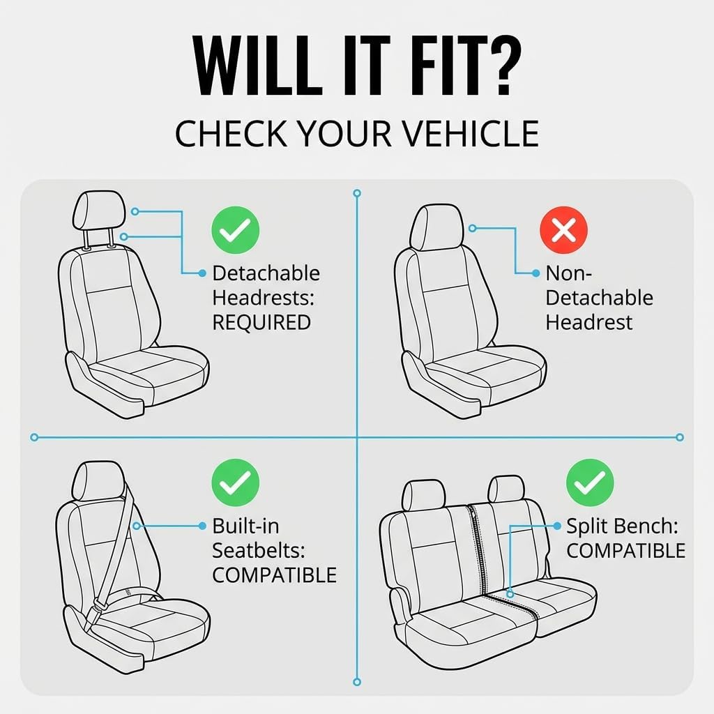 FH Group PU309115 Built-in Seat Belt Compatible PU Leather Seat Covers (Black) Full Set – Universal Fit for Cars Trucks & SUVs