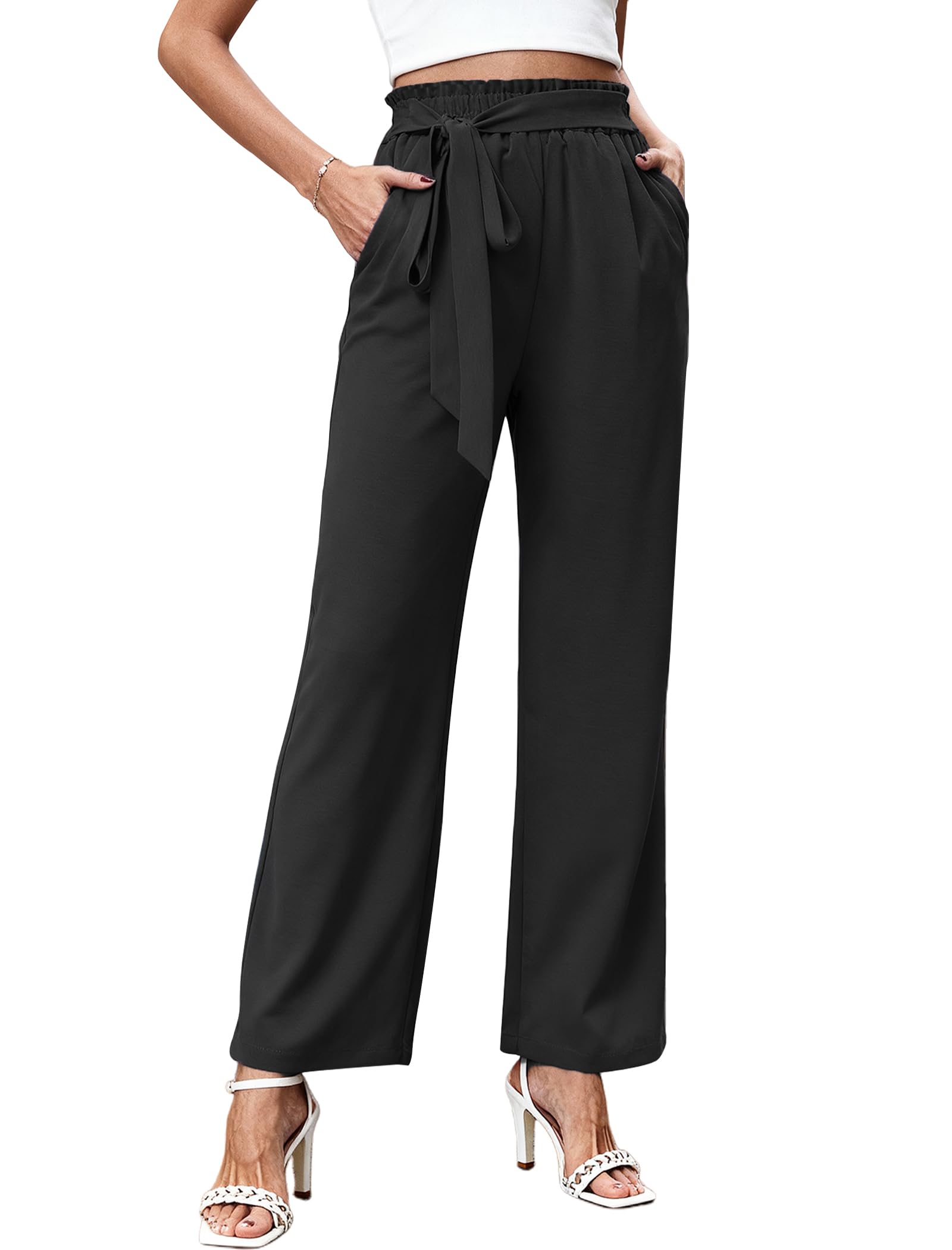 High Waist Wide Leg Lounge Pants for Women Casual Business Lightweight Flowy Trousers Black-XXL
