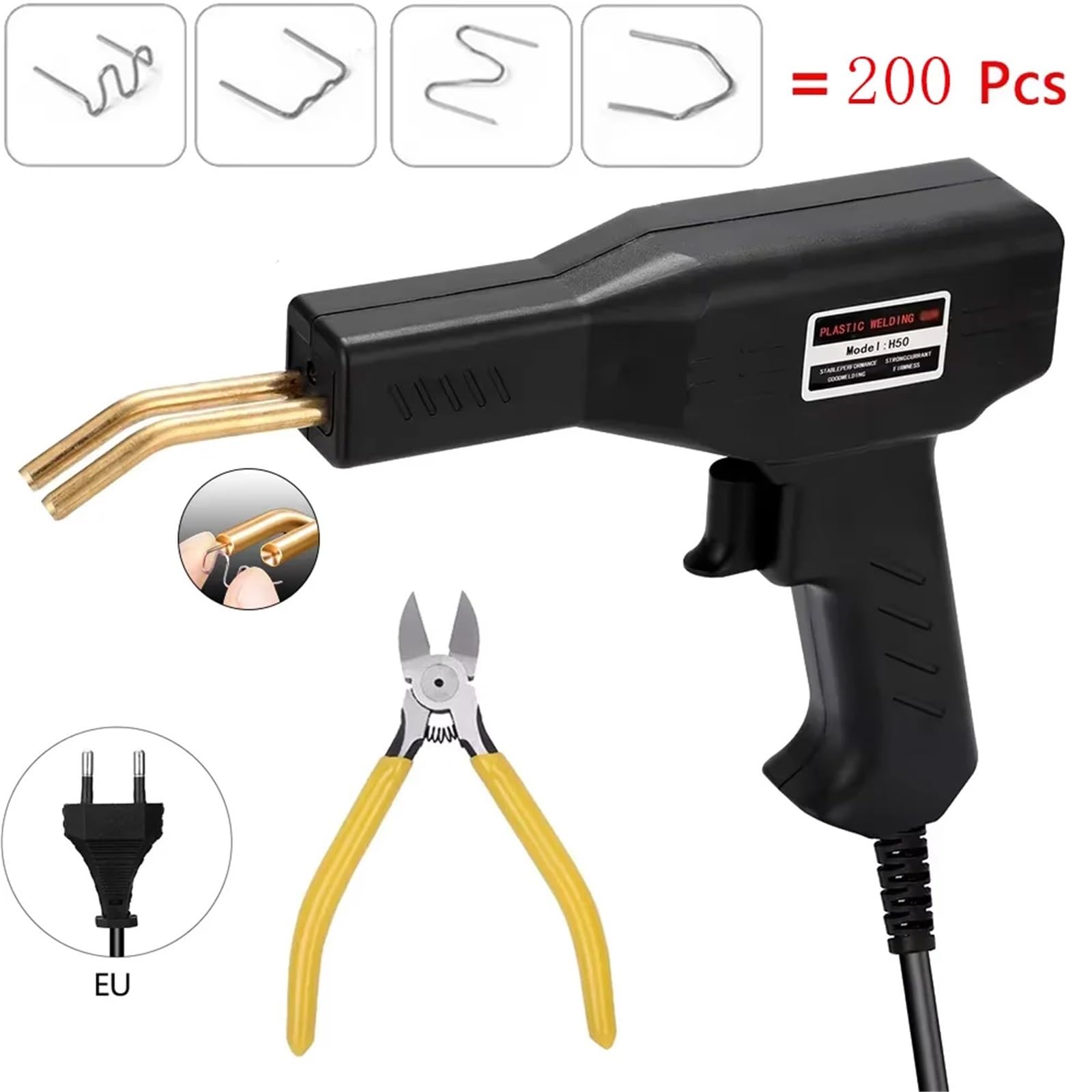 Zgrzewarka do plastiku 50W spawacz tworzyw sztucznych 2 w 1 zestaw do spawania naprawa gorący zszywacz pistolet lutowniczy pręty zderzaka samochodu(Black with 200pcs)
