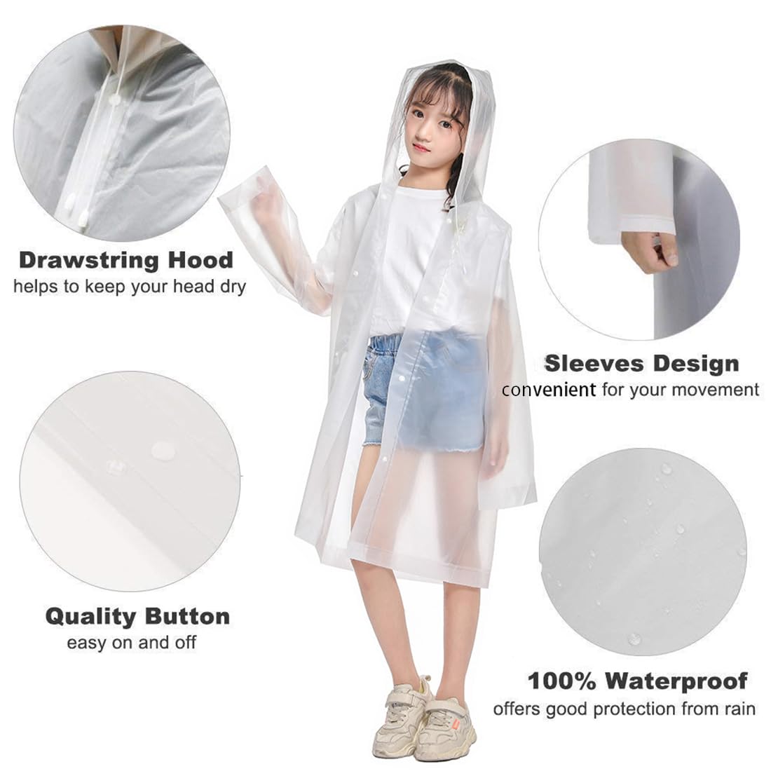 BCBF 1 Piezas Chubasquero Niño, Poncho De Lluvia Impermeable para Niños, Poncho De Lluvia,Impermeable,Reutilizable,Chubasquero para Bicicleta,Senderismo,Ciclismo Y Viajes,para Altura 1-1,5 M (Blanco)