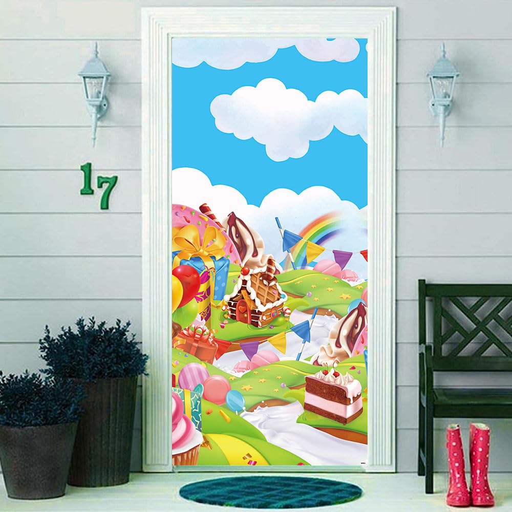 35.4 x 72.8 Inches Candyland Sweet Cartoon Rainbow Doughnut Color Flag Balloon Biscuit House Ice Cream Theme Yard Door Banner Sign Decorations Baby Shower Girls Birthday Party Polyester