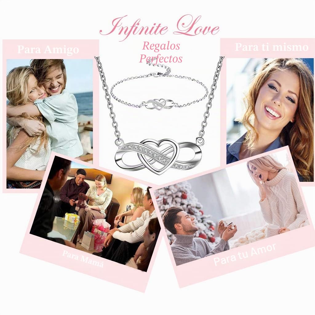 Juego de Collar y Pulsera de Corazón Infinito | Plata 925 con Cristal Austriaco | Elegante Set de Joyería para Ella