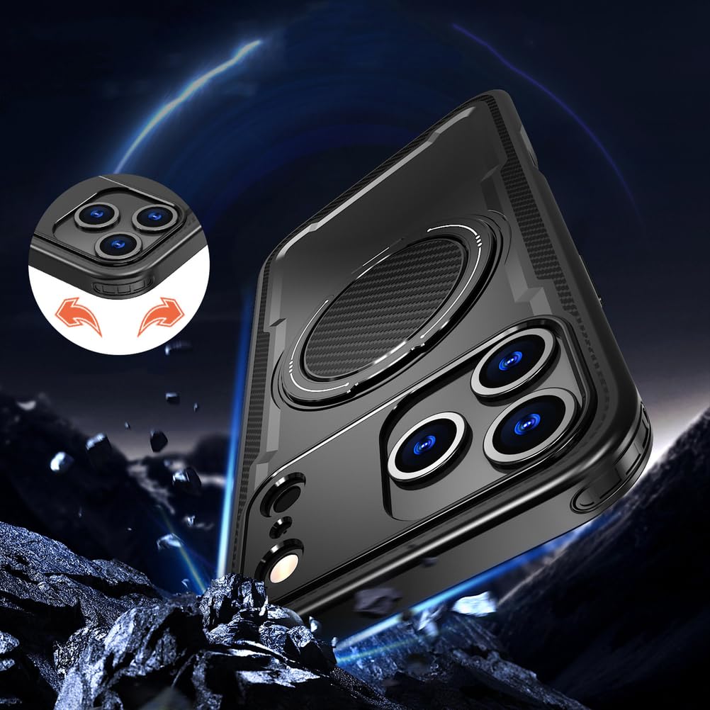Magnetisch Hülle für iPhone 17 Pro Max/17 Pro/17 Air/17, Dünne Gefrostet rutschfeste Schutzhülle mit Drehbarer Ringhalter Handyhülle,Schwarz,17 Pro