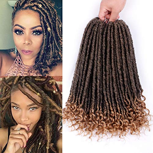 6Packs Goddess Faux Locs Crochet Hair Straight Ombre Brown 16Inch Crochet Braids Goddess Locs with Curly Ends Soft Synthetic Braiding Hair Extensions