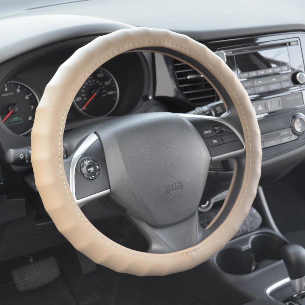 BDKGenuine Beige Leather Steering Wheel Cover for Car, Medium (14.5" - 15.5") – Ergonomic Comfort Grip for Men & Women, Universal Fit Car Steering Wheel Cover for Most Vehicles