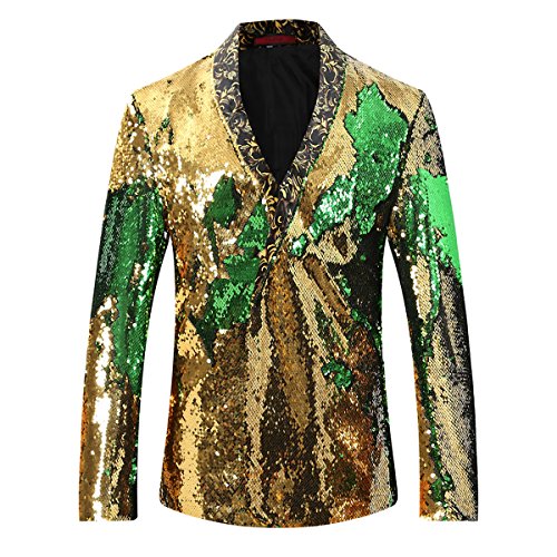 Cloudstyle Men's Sport Coat Slim Fit Notched Lapel Sequins Dance Party Blazer Jacket, Golden-green, Large