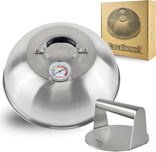 12" Round Basting Cover with Grill Thermometer, 304 Stainless Steel Cheese Melting Griddle Dome & 5.5" Round Grill Burger Bacon Press, Non-Stick Smasher, Perfect for Indoor Outdoor Cooking