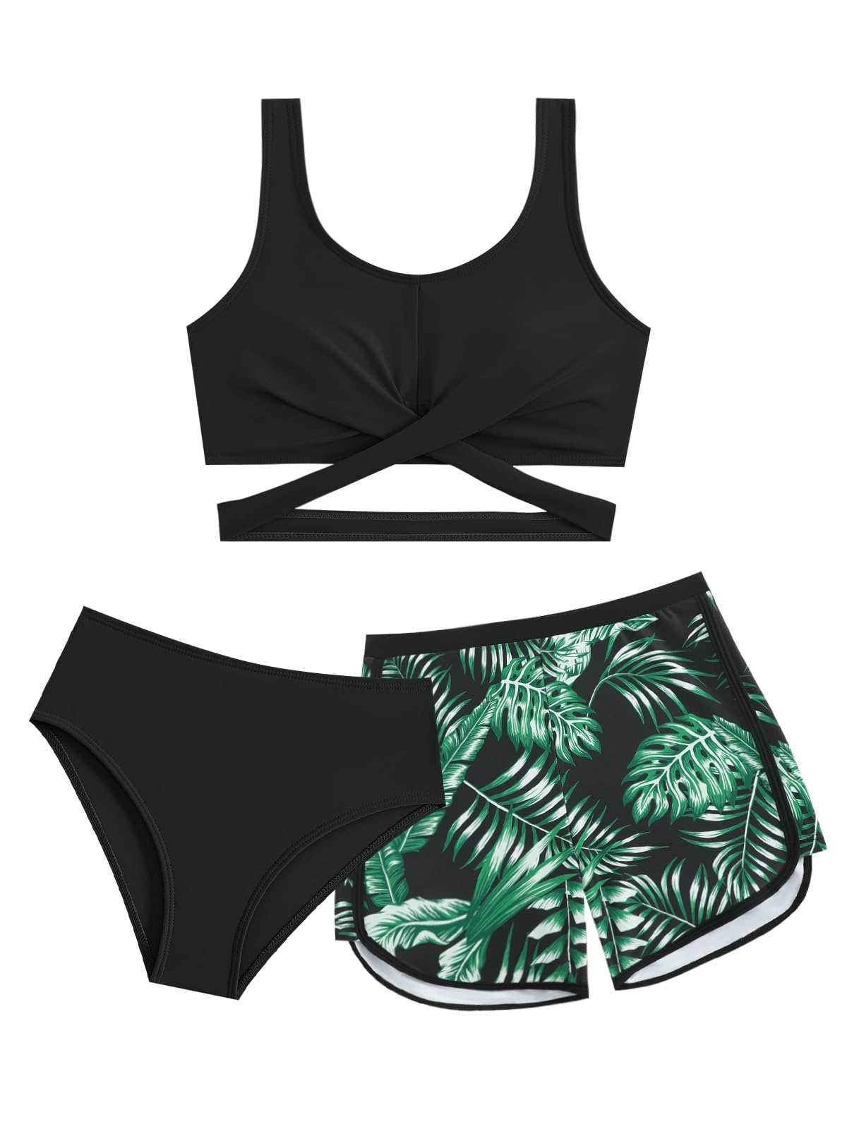 Mädchen Bikini Set 3-teilig mit Badeshorts, Kreuz-Badeanzug für Teenager & Kinder, Modische Badebekleidung für Strand und Pool, 9-14 Jahre (128,134,140,146,152,158,164)