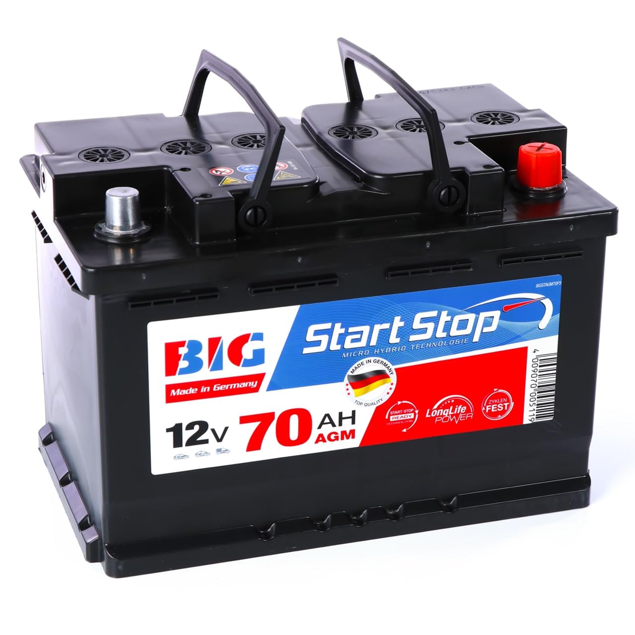 BIG Start-Stop AGM 12V 70Ah 800A/EN Autobatterie – Premium VRLA Starterbatterie für Start-Stopp-Systeme & Bremsenergie-Rückgewinnung, Wartungsfrei, Auslaufsicher, Erstausrüsterqualität